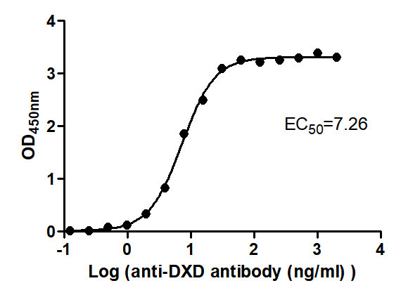 The Binding Activity of T-DXd(DS-8201) with Anti-DXD-HRP antibody Activity: Measured by its binding ability in a functional ELISA. Immobilized T-DXd(DS-8201) at 2 microg/mL can bind Anti-DXD-HRP antibody, the EC50 is 6.726 to 7.836 ng/mL.