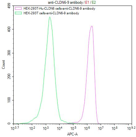 Untransfected HEK-293T cells (green line) and transfected Human CLDN6 HEK-293T stable cells (red line) were stained with anti-CLDN6/9 antibody(CSB-RA005508MA3HU) (2microg/1*106cells), washed and then followed by APC-conjugated anti-Mouse IgG Fc antibody and analyzed with flow cytometry.