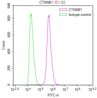 Overlay Peak curve showing Hela cells stained with CSB-RA006169MA1HU (red line) at 1:100. Then 10% normal goat serum was Incubated to block non-specific protein-protein interactions followed by the antibody (1microg/1*106cells) for 45 min at 4°C. The secondary antibody used was FITC-conjugated Goat Anti-Rabbit IgG(H+L) at 1/200 dilution for 35 min at 4°C. Isotype control antibody (green line) was rabbit IgG1 (1microg/1*106cells) used under the same conditions. Acquisition of >10,000 events was performed.