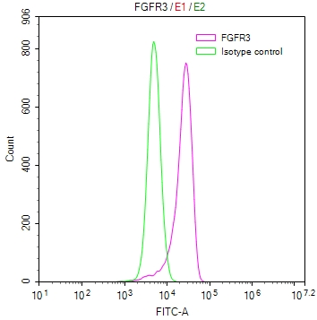 Overlay Peak curve showing MCF7 cells stained with CSB-RA008646MA1HU (red line) at 1:100. The cells were fixed in 4% formaldehyde and permeated by 0.2% TritonX-100. Then 10% normal goat serum to block non-specific protein-protein interactions followed by the antibody (1ug/1*106cells) for 45min at 4°C. The secondary antibody used was FITC-conjugated Goat Anti-human IgG(H+L) at 1:200 dilution for 35min at 4°C.Control antibody (green line) was human IgG (1ug/1*106cells) used under the same conditions. Acquisition of >10,000 events was performed.