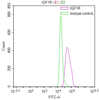 Overlay Peak curve showing Hela cells stained with CSB-RA011087MA1HU (red line) at 1:50. Then 10% normal goat serum was Incubated to block non-specific protein-protein interactions followed by the antibody (1microg/1*106cells) for 45 min at 4°C. The secondary antibody used was FITC-conjugated Goat Anti-Mouse IgG(H+L) at 1/200 dilution for 35 min at 4°C. Isotype control antibody (green line) was mouse IgG1 (1microg/1*106cells) used under the same conditions. Acquisition of >10, 008 events was performed.