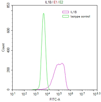 Overlay Peak curve showing PC3 cells stained with CSB-RA011614MA1HU (red line) at 1:200. The cells were fixed in 4% formaldehyde and permeated by 0.2% TritonX-100. Then 10% normal goat serum to block non-specific protein-protein interactions followed by the antibody (1ug/1*106cells) for 45min at 4°C. The secondary antibody used was FITC-conjugated Goat Anti-human IgG(H+L) at 1:200 dilution for 35min at 4°C.Control antibody (green line) was human IgG (1ug/1*106cells) used under the same conditions. Acquisition of >10,000 events was performed.