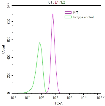 Overlay Peak curve showing JK cells stained with CSB-RA012375MA1HU (red line) at 1:100. The cells were fixed in 4% formaldehyde and permeated by 0.2% TritonX-100. Then 10% normal goat serum to block non-specific protein-protein interactions followed by the antibody (1ug/1*106cells) for 45min at 4°C. The secondary antibody used was FITC-conjugated Goat Anti-human IgG(H+L) at 1:200 dilution for 35min at 4°C.Control antibody (green line) was human IgG (1ug/1*106cells) used under the same conditions. Acquisition of >10,000 events was performed.