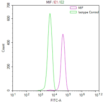 Overlay Peak curve showing PC3 cells stained with CSB-RA013826MA1HU (red line) at 1:100. The cells were fixed in 4% formaldehyde and permeated by 0.2% TritonX-100. Then 10% normal goat serum to block non-specific protein-protein interactions followed by the antibody (1ug/1*106cells) for 45min at 4°C. The secondary antibody used was FITC-conjugated Goat Anti-human IgG(H+L) at 1:200 dilution for 35min at 4°C.Control antibody (green line) was human IgG (1ug/1*106cells) used under the same conditions. Acquisition of >10,000 events was performed.