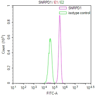 Overlay Peak curve showing Hela cells stained with CSB-RA022332MA1HU (red line) at 1:100. Then 10% normal goat serum was Incubated to block non-specific protein-protein interactions followed by the antibody (1microg/1*106cells) for 45 min at 4°C. The secondary antibody used was FITC-conjugated Goat Anti-Mouse IgG(H+L) at 1/200 dilution for 35 min at 4°C. Isotype control antibody (green line) was mouse IgG1 (1microg/1*106cells) used under the same conditions. Acquisition of >10,000 events was performed.