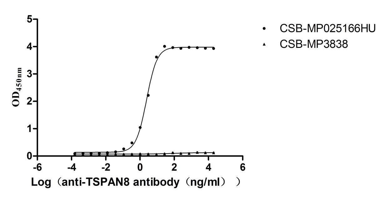 The Binding Activity of TSPAN8 with Anti-TSPAN8 recombinant antibody Activity: Measured by its binding ability in a functional ELISA. Immobilized Human TSPAN8 (CSB-MP025166HU) at 5 microg/mL can bind Anti-TSPAN8 recombinant antibody. The EC50 is 2.261-2.623 ng/mL. The VLPs (CSB-MP3838) is negative control.