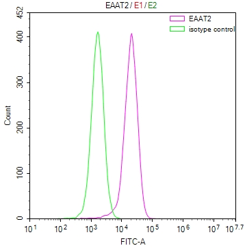 Overlay Peak curve showing MCF-7 cells stained with CSB-RA051685A0HU (red line) at 1:50. The cells were fixed in 4% formaldehyde and permeated by 0.2% TritonX-100. Then 10% normal goat serum to block non-specific protein-protein interactions followed by the antibody (1microg/1*106cells) for 45min at 4°C. The secondary antibody used was FITC-conjugated Goat Anti-rabbit IgG(H+L) at 1:200 dilution for 35min at 4°C.Control antibody (green line) was rabbit IgG (1microg/1*106cells) used under the same conditions. Acquisition of >10,000 events was performed.