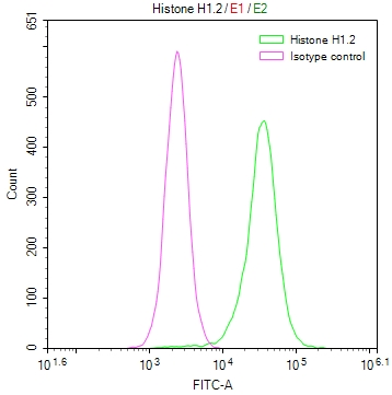 Overlay Peak curve showing Hela cells stained with CSB-RA072684A0HU (red line) at 1:50. The cells were fixed in 4% formaldehyde and permeated by 0.2% TritonX-100. Then 10% normal goat serum to block non-specific protein-protein interactions followed by the antibody (1microg/1*106cells) for 45min at 4°C. The secondary antibody used was FITC-conjugated Goat Anti-rabbit IgG(H+L) at 1:200 dilution for 35min at 4°C.Control antibody (green line) was rabbit IgG (1microg/1*106cells) used under the same conditions. Acquisition of >10,000 events was performed.