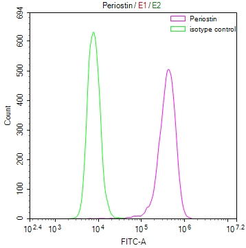 Overlay Peak curve showing 293T cells stained with CSB-RA119753A0HU (red line) at 1:50. The cells were fixed in 4% formaldehyde and permeated by 0.2% TritonX-100. Then 10% normal goat serum to block non-specific protein-protein interactions followed by the antibody (1microg/1*106cells) for 45min at 4°C. The secondary antibody used was FITC-conjugated Goat Anti-rabbit IgG(H+L) at 1:200 dilution for 35min at 4°C.Control antibody (green line) was rabbit IgG (1microg/1*106cells) used under the same conditions. Acquisition of >10,000 events was performed.