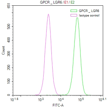 Overlay Peak curve showing Hela cells stained with CSB-RA156336A0HU (red line) at 1:50. The cells were fixed in 4% formaldehyde and permeated by 0.2% TritonX-100. Then 10% normal goat serum to block non-specific protein-protein interactions followed by the antibody (1microg/1*106cells) for 45min at 4°C. The secondary antibody used was FITC-conjugated Goat Anti-rabbit IgG(H+L) at 1:200 dilution for 35min at 4°C.Control antibody (green line) was rabbit IgG (1microg/1*106cells) used under the same conditions. Acquisition of >10,000 events was performed.