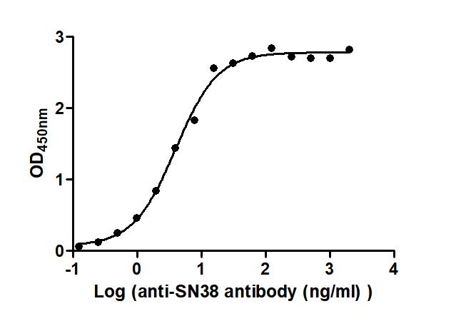 The Binding Activity of Labetuzumab govitecan (Synonyms: IMMU 130; hMN-14-SN-38) with Anti-SN38 antibody Activity: Measured by its binding ability in a functional ELISA. Immobilized Labetuzumab govitecan (Synonyms: IMMU 130; hMN-14-SN-38) at 2 microg/mL can bind Anti-SN38 antibody, the EC50 is 3.326 to 4.721 ng/mL.