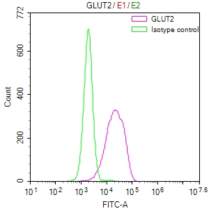 Overlay Peak curve showing HepG2 cells stained with CSB-RA438622A0HU (red line) at 1:50. The cells were fixed in 4% formaldehyde and permeated by 0.2% TritonX-100. Then 10% normal goat serum to block non-specific protein-protein interactions followed by the antibody (1microg/1*106cells) for 45min at 4°C. The secondary antibody used was FITC-conjugated Goat Anti-rabbit IgG(H+L) at 1:200 dilution for 35min at 4°C.Control antibody (green line) was rabbit IgG (1microg/1*106cells) used under the same conditions. Acquisition of >10,000 events was performed.