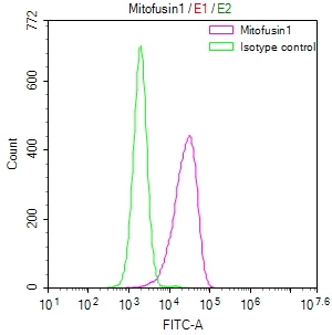 Overlay Peak curve showing HepG2 cells stained with CSB-RA574476A0HU (red line) at 1:50. The cells were fixed in 4% formaldehyde and permeated by 0.2% TritonX-100. Then 10% normal goat serum to block non-specific protein-protein interactions followed by the antibody (1microg/1*106cells) for 45min at 4°C. The secondary antibody used was FITC-conjugated Goat Anti-rabbit IgG(H+L) at 1:200 dilution for 35min at 4°C.Control antibody (green line) was rabbit IgG (1microg/1*106cells) used under the same conditions. Acquisition of >10,000 events was performed.