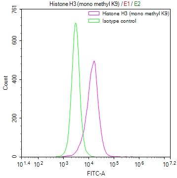 Overlay Peak curve showing A549 cells stained with CSB-RA792403A0HU (red line) at 1:50. The cells were fixed in 4% formaldehyde and permeated by 0.2% TritonX-100. Then 10% normal goat serum to block non-specific protein-protein interactions followed by the antibody (1microg/1*106cells) for 45min at 4°C. The secondary antibody used was FITC-conjugated Goat Anti-rabbit IgG(H+L) at 1:200 dilution for 35min at 4°C.Control antibody (green line) was rabbit IgG (1microg/1*106cells) used under the same conditions. Acquisition of >10,000 events was performed.