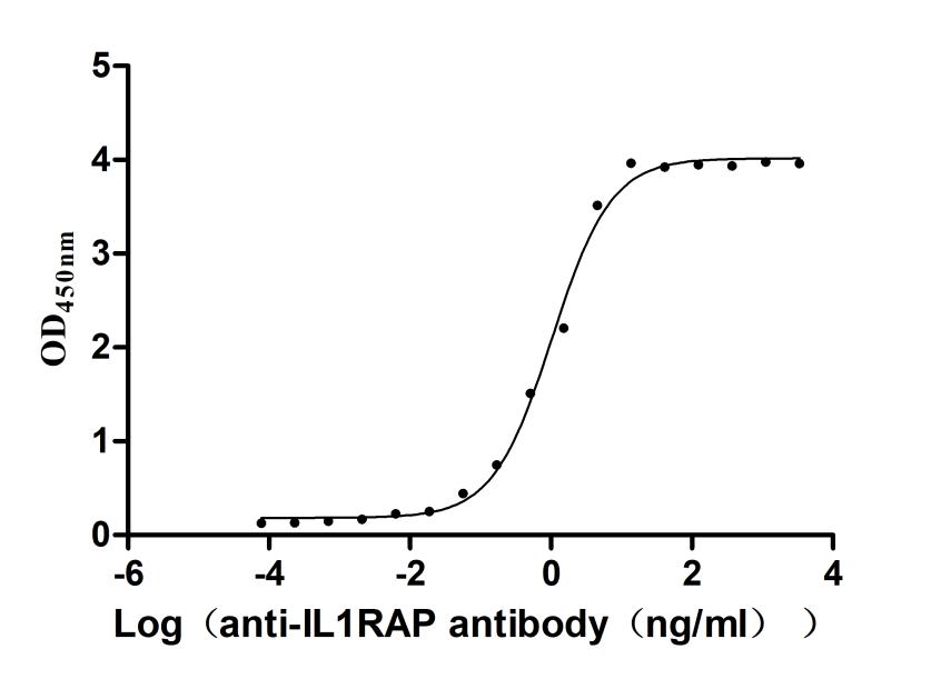 The Binding Activity of Macaca fascicularis IL1RAP with Anti-IL1RAP recombinant antibody Activity: Measured by its binding ability in a functional ELISA. Immobilized Macaca fascicularis IL1RAP (CSB-MP5268MOV) at 2 microg/mL can bind Anti-IL1RAP recombinant antibody. The EC50 is 0.9099-1.181 ng/mL.