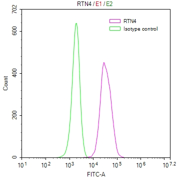 Overlay Peak curve showing A549 cells stained with CSB-RA878853MA1HU (red line) at 1:50. The cells were fixed in 4% formaldehyde and permeated by 0.2% TritonX-100. Then 10% normal goat serum to block non-specific protein-protein interactions followed by the antibody (1ug/1*106cells) for 45min at 4°C. The secondary antibody used was FITC-conjugated Goat Anti-human IgG(H+L) at 1:200 dilution for 35min at 4°C.Control antibody (green line) was human IgG (1ug/1*106cells) used under the same conditions. Acquisition of >10,000 events was performed.