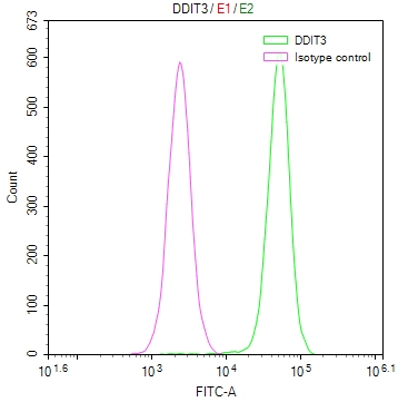 Overlay Peak curve showing Hela cells stained with CSB-RA918842A0HU (red line) at 1:50. The cells were fixed in 4% formaldehyde and permeated by 0.2% TritonX-100. Then 10% normal goat serum to block non-specific protein-protein interactions followed by the antibody (1microg/1*106cells) for 45min at 4°C. The secondary antibody used was FITC-conjugated Goat Anti-rabbit IgG(H+L) at 1:200 dilution for 35min at 4°C.Control antibody (green line) was rabbit IgG (1microg/1*106cells) used under the same conditions. Acquisition of >10,000 events was performed.