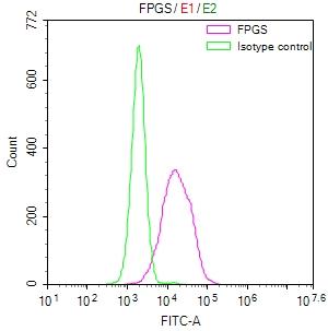 Overlay Peak curve showing HepG2 cells stained with CSB-RA983477A0HU (red line) at 1:50. The cells were fixed in 4% formaldehyde and permeated by 0.2% TritonX-100. Then 10% normal goat serum to block non-specific protein-protein interactions followed by the antibody (1microg/1*106cells) for 45min at 4°C. The secondary antibody used was FITC-conjugated Goat Anti-rabbit IgG(H+L) at 1:200 dilution for 35min at 4°C.Control antibody (green line) was rabbit IgG (1microg/1*106cells) used under the same conditions. Acquisition of >10,000 events was performed.