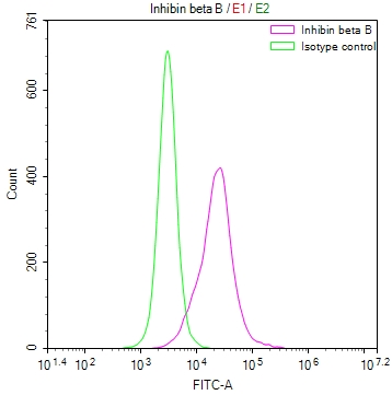 Overlay Peak curve showing A549 cells stained with CSB-RA990624A0HU (red line) at 1:50. The cells were fixed in 4% formaldehyde and permeated by 0.2% TritonX-100. Then 10% normal goat serum to block non-specific protein-protein interactions followed by the antibody (1microg/1*106cells) for 45min at 4°C. The secondary antibody used was FITC-conjugated Goat Anti-rabbit IgG(H+L) at 1:200 dilution for 35min at 4°C.Control antibody (green line) was rabbit IgG (1microg/1*106cells) used under the same conditions. Acquisition of >10,000 events was performed.